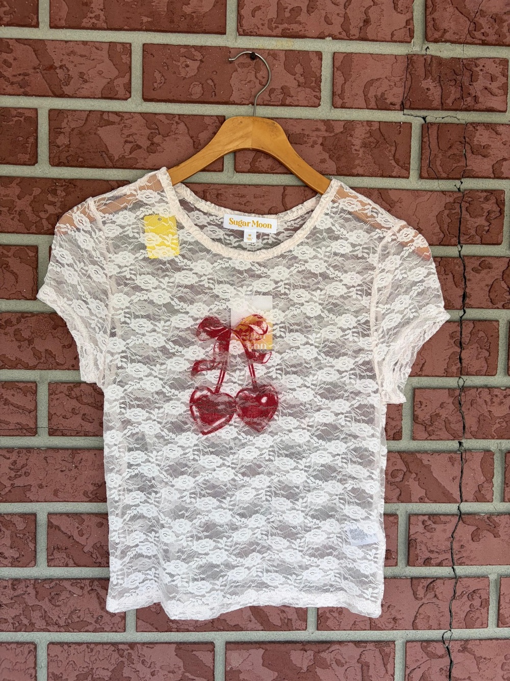 White Lace Top with Red Cherry Accent